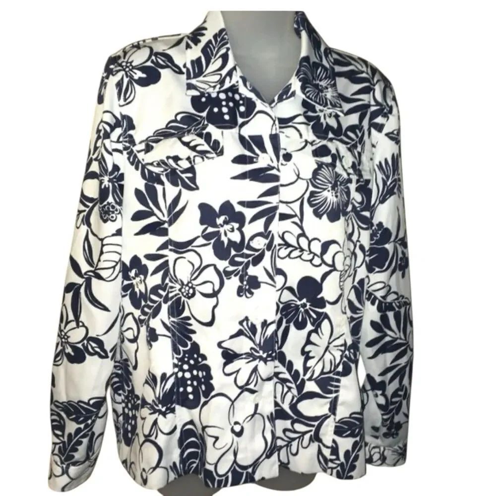 Alfred Dunner Blazer/Jacket Blue Floral Long Sleeve Polyester Navy and White
